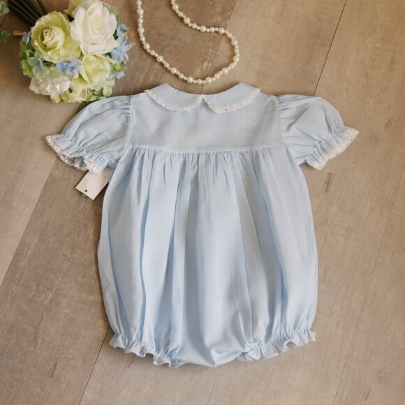 Blue Heirloom Romper Bubble Feltman Brothers RARE FIND 9 Months Lace Inlays NWT - Picture 3 of 4